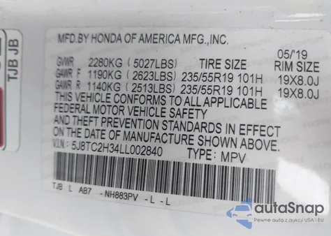 2020 Acura Rdx Standard z USA, uszkodzony, nr VIN 5J8TC2H34LL002840